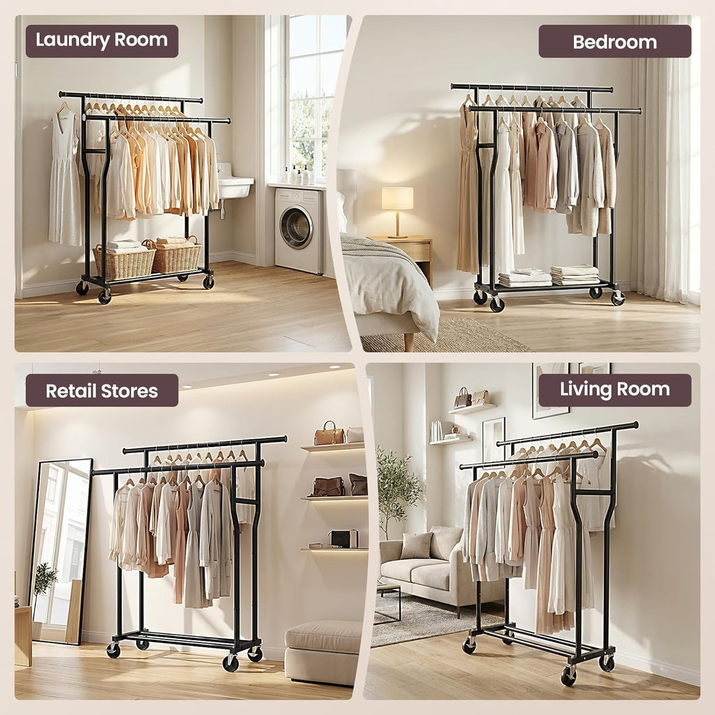 Skiennix Double Rods Rolling Clothes Rack - Heavy-Duty 260 LBS Capacity | Portable Metal Garment Rack in Black