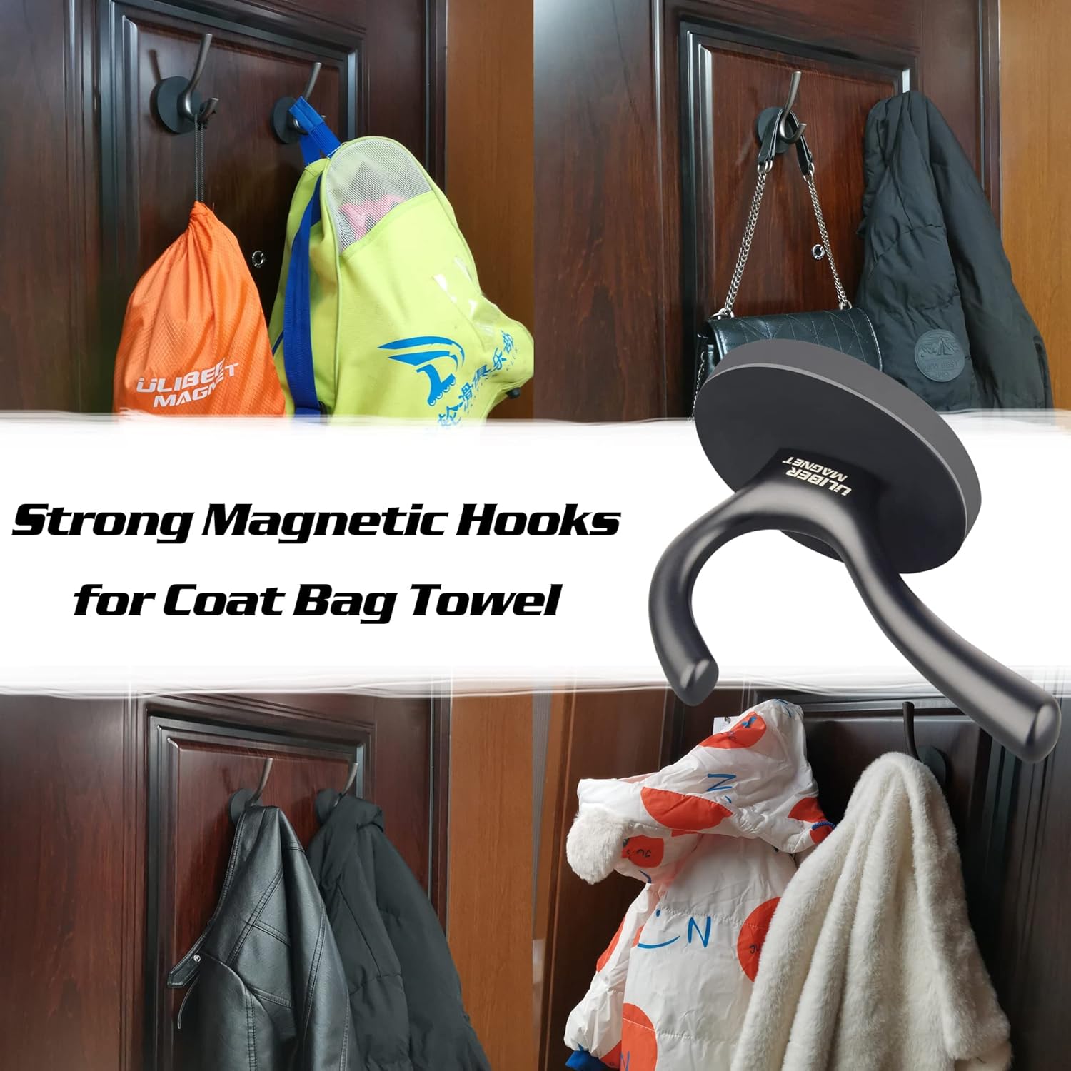 ULIBERMAGNET Heavy Duty Magnetic Double Hooks - Sturdy Coat & Towel Holders, 2 Pack (Black)