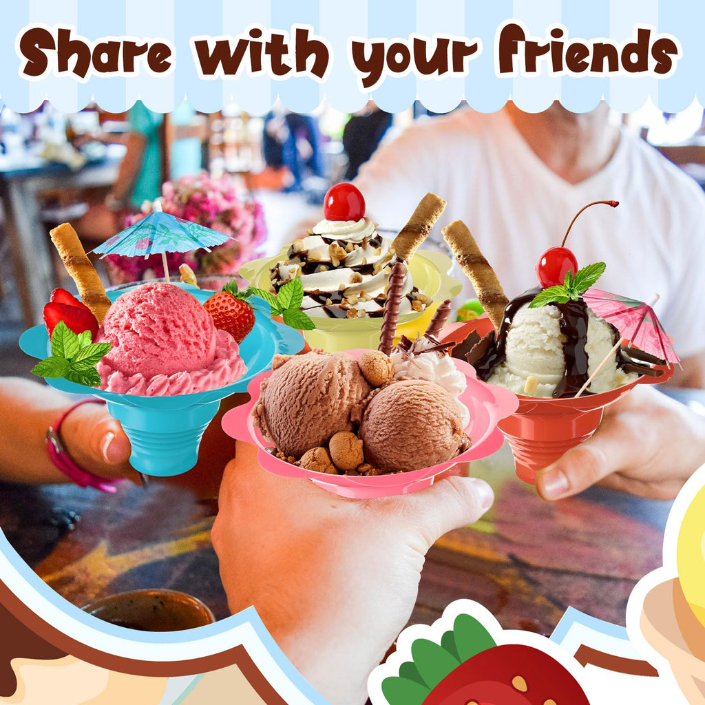 Silkfly 300 Pieces 4 oz Christmas Colorful Flower Snow Cone Cups Paper Umbrellas and Kit Spoon Straws, Shaved Ice Bowls Plastic Ice Cream Snack Small Bowls for Kids Birthday Party Summer Cookout