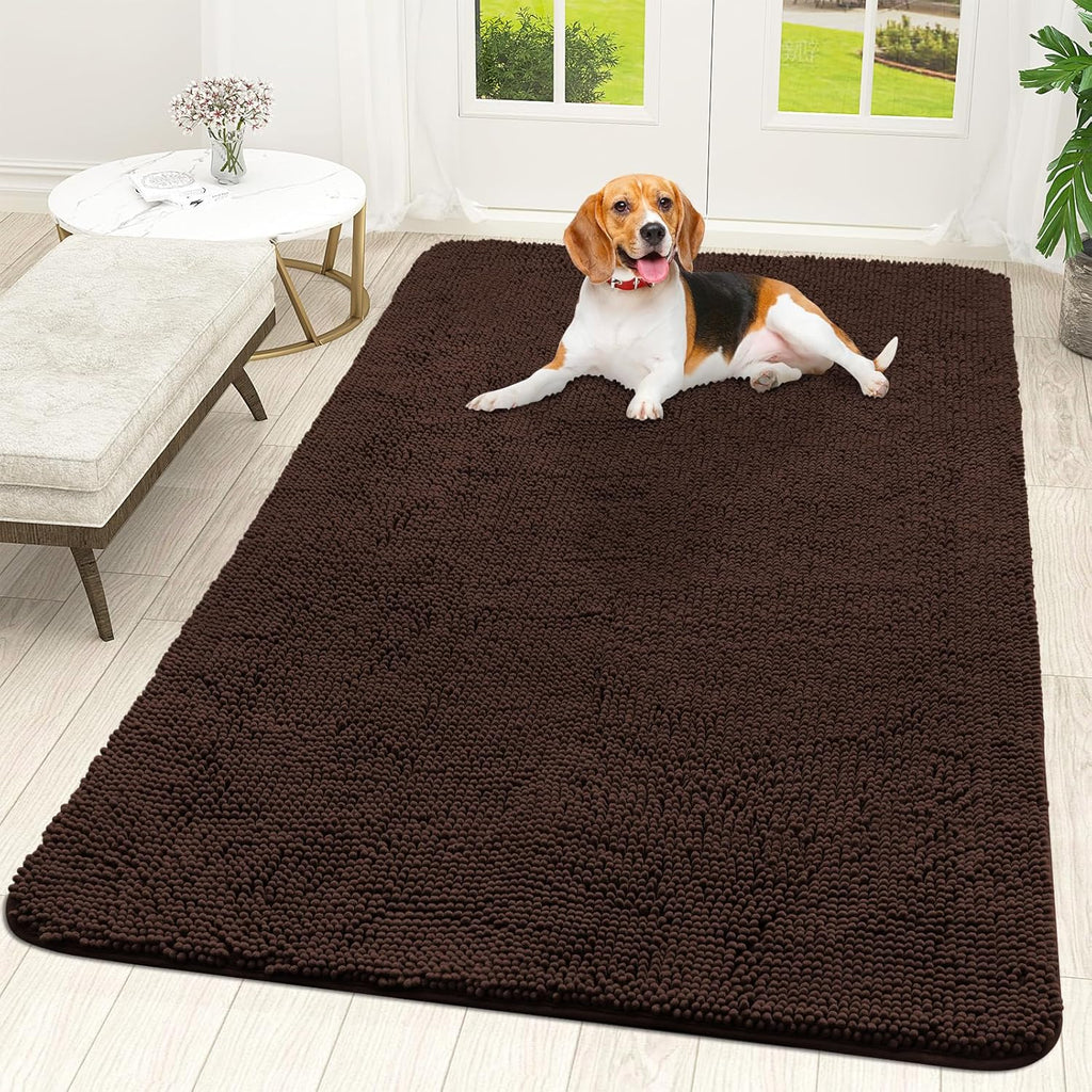 OLANLY Dog Door Mat - Absorbent Non-Slip Chenille Mat for Muddy Paws | 59x35 Inches, Brown