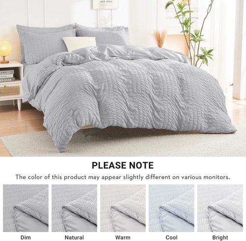HYMOKEGE Queen Comforter Set - Light Grey Seersucker 7-Piece Luxury Bedding Set | All-Season Comfort
