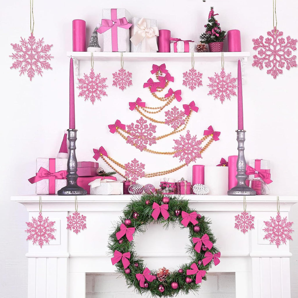 Skiennix 36-Piece Christmas Light Pink Snowflake Ornaments - Glittery Plastic Decor for Winter Trees