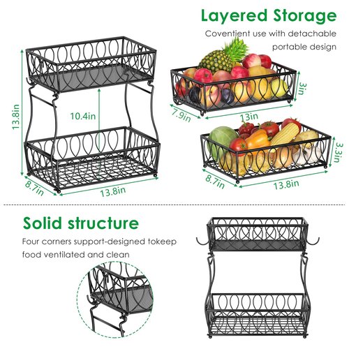 XYZLVSI 2-Tier Countertop Fruit Basket Bread Bowl for Kitchen, Vegetable Potato Onion Storage Wire Basket, 13.8-Inch, Black