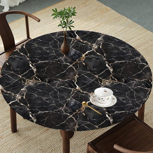 SuxiGlo Black Marble Round Tablecloth – Fitted Circle Table Cover with Elastic Edge, Waterproof & Washable Polyester Table Cloth for 55" to 66" Indoor/Outdoor Tables