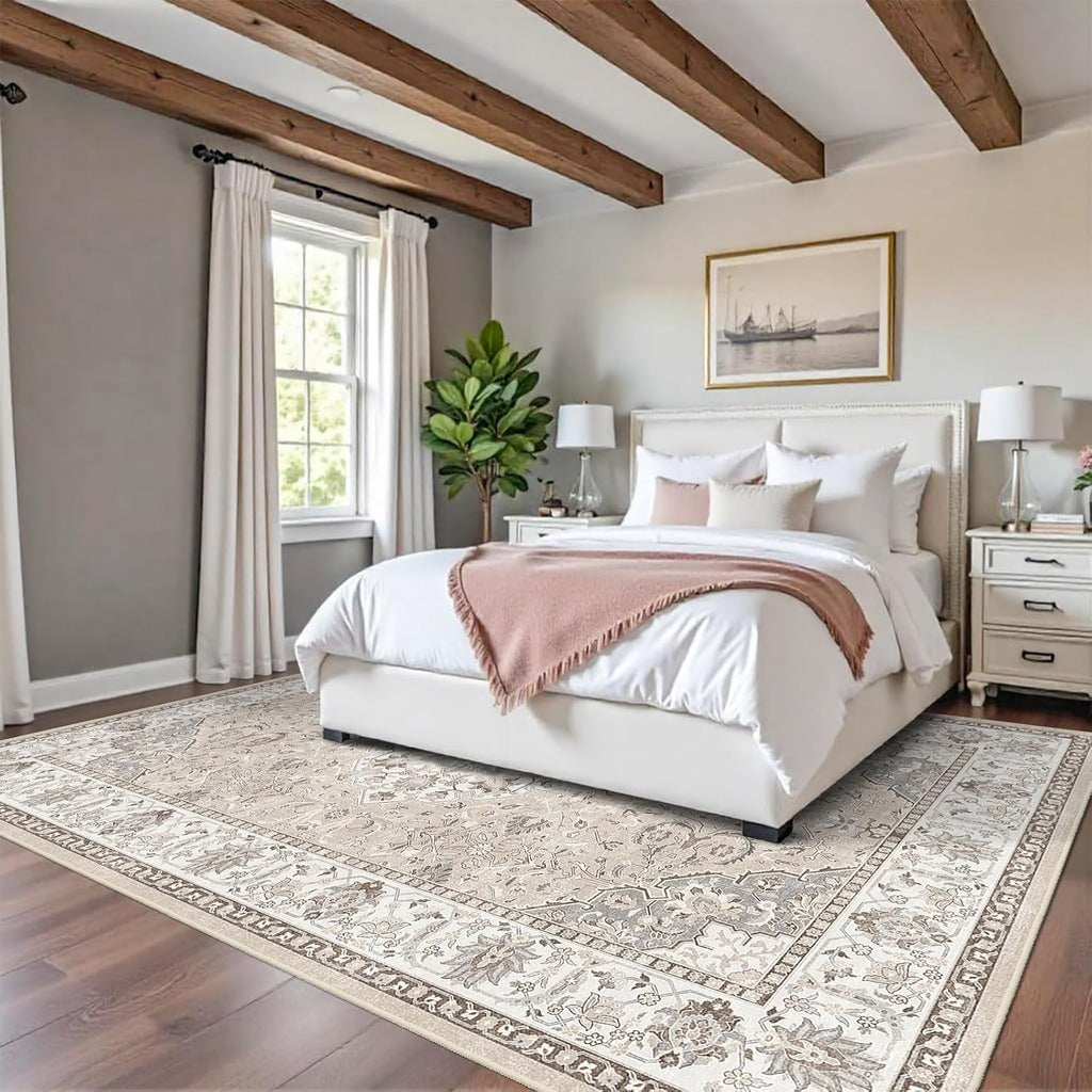 Skiennix 8x10 Living Room Rug - Washable Oriental Stain Resistant Carpet | Ultra Soft Non-Slip Design in Beige