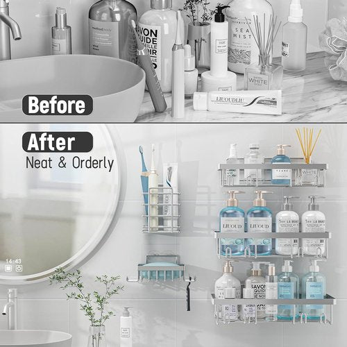 Liuoud Shower Caddy Organizer - Rustproof Stainless Steel Wall Storage Basket | 5 Pack, Large Capacity, Silver