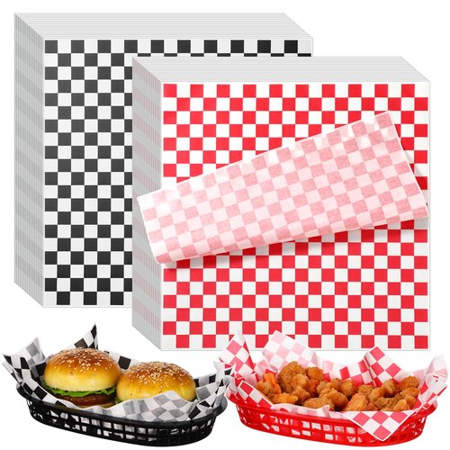 Patelai 24 Pack Black Red Fast Food Baskets and 100 Sheet Checkered Deli Liners 10.6 x 6.7 Inch Versatile Plastic Food Service Tray for Burger Fries Sandwiches Hot Dogs Barbecues Picnics Parties