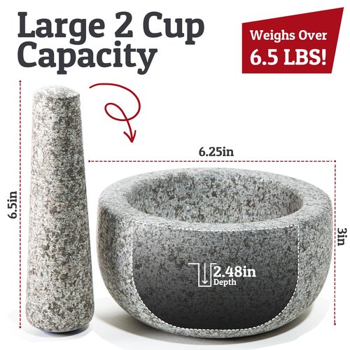 Priority Chef Heavy Duty Large Mortar and Pestle Set, Hand Carved from Natural Granite, Make Fresh Guacamole, Pesto, Stone Grinder Bowl, Herb Crusher, Spice Grinder, 6.3 Inches Wide, 2 Cup - Grey