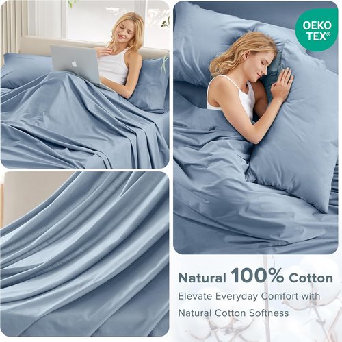 Comfort Spaces 100% Cotton Sheet Set - Breathable & Soft Bedding for Twin Mattresses, Blue 3 Piece Set