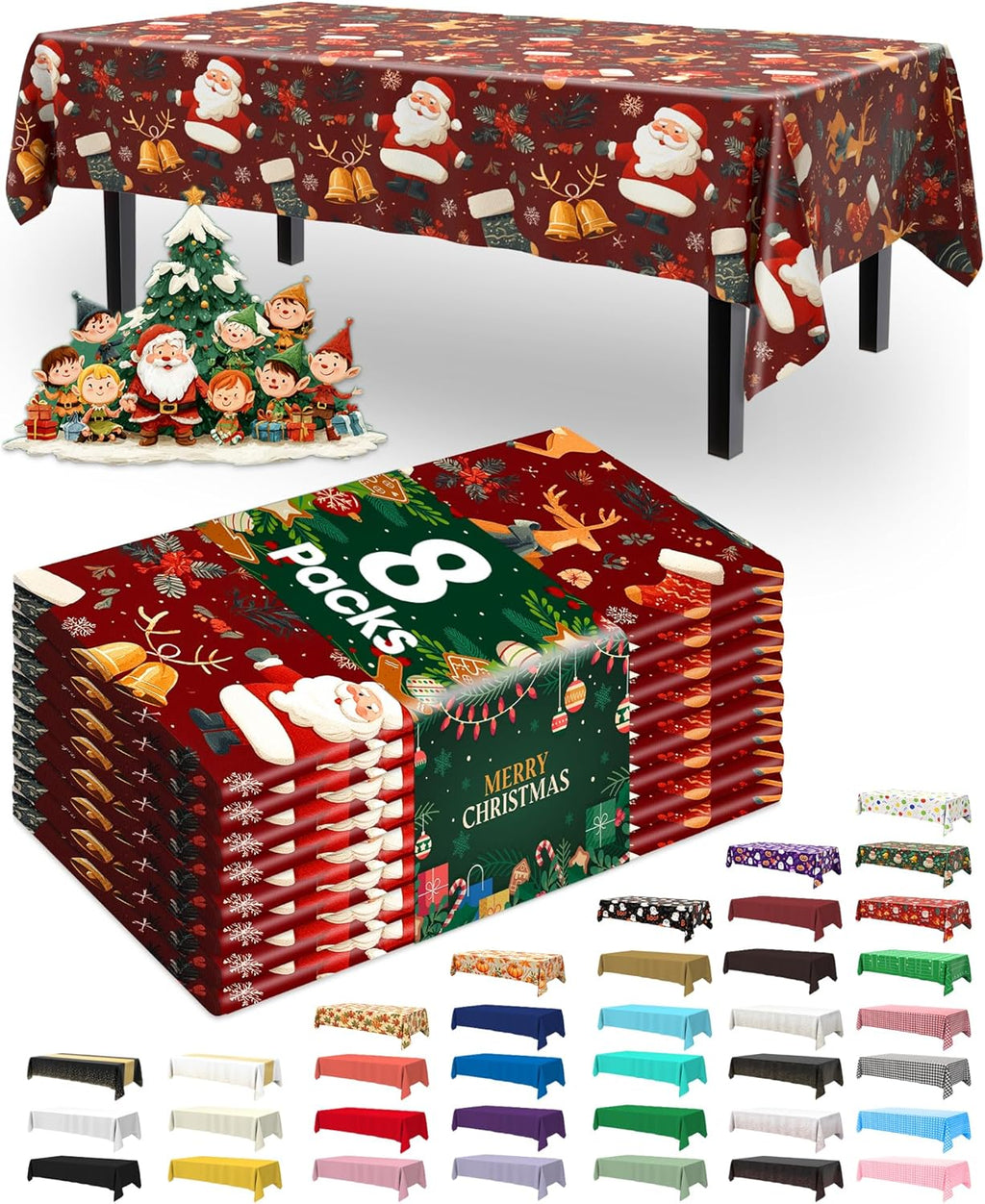 Pureegg Disposable Plastic Tablecloths - Sturdy Leakproof 54 x 108 Inch Rectangle Covers | Christmas Red, 8 Pack