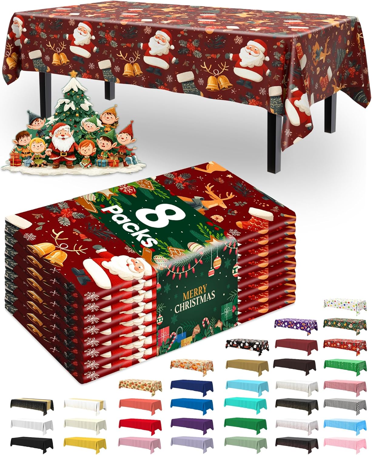Pureegg Disposable Plastic Tablecloths - Sturdy Leakproof 54 x 108 Inch Rectangle Covers | Christmas Red, 8 Pack