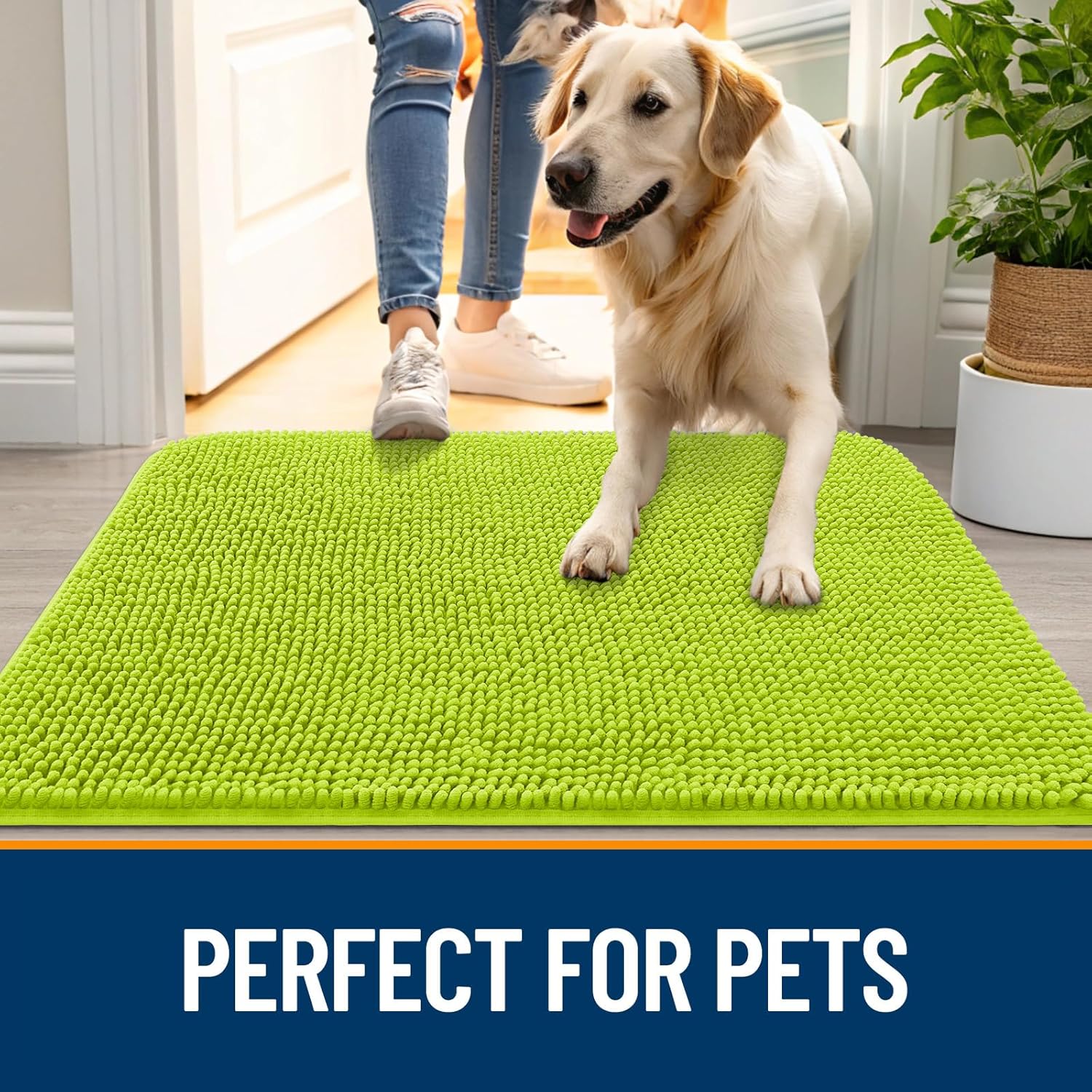 OLANLY Dog Door Mat - Absorbent Non-Slip Washable Chenille Mat for Muddy Paws | 24x16 Bright Green
