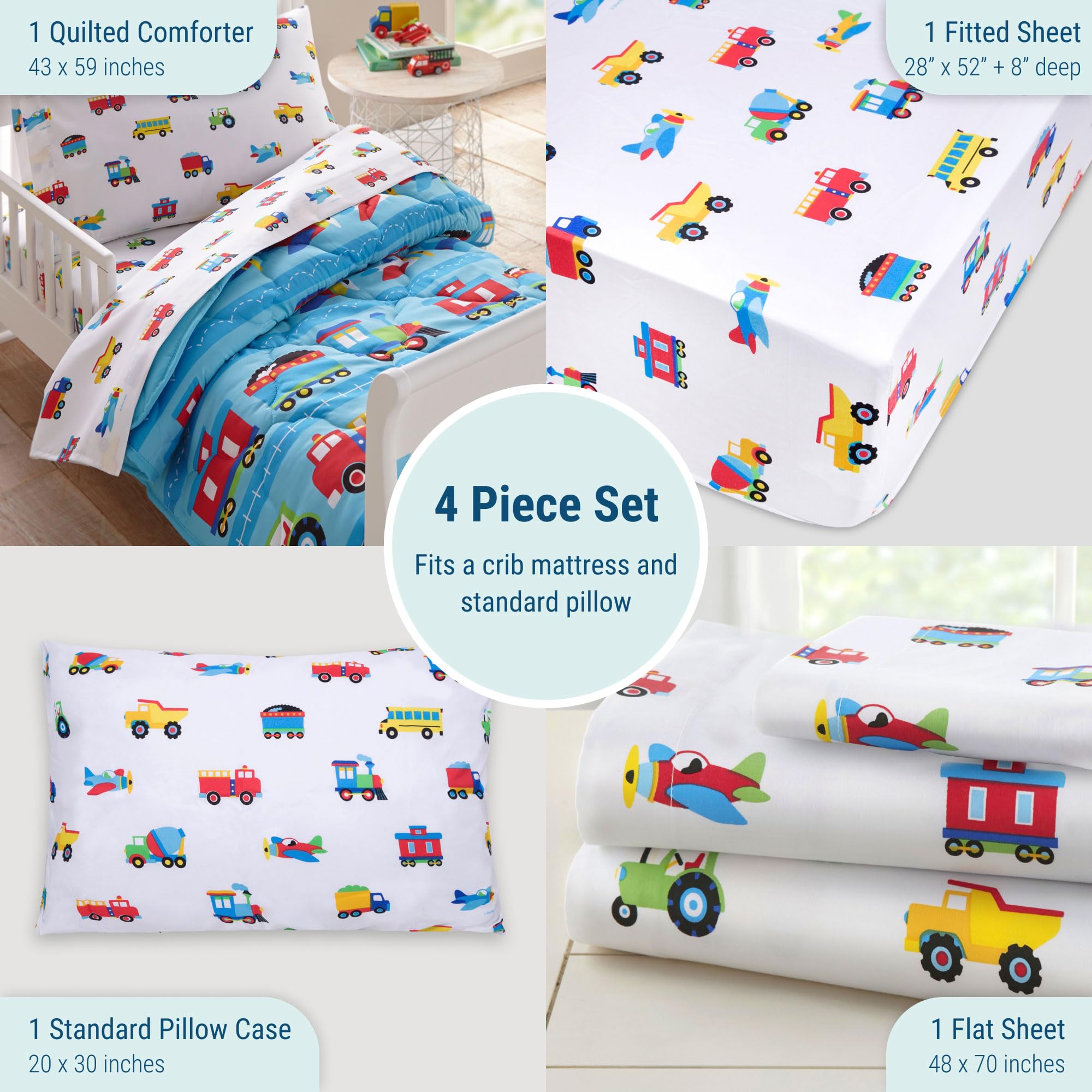 Wildkin Toddler Bed in a Bag – 4-Piece Microfiber Bedding Set with Comforter, Pillowcase & Sheets - Trains, Planes, and Trucks