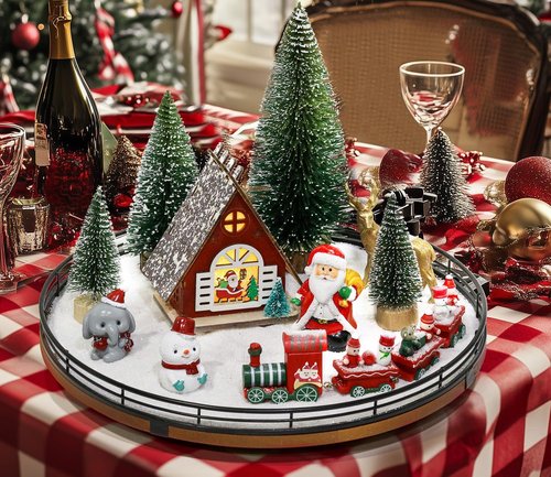 AMH Christmas Table Decorations Set - 12 PCS Xmas Town Village Centerpiece with Santa, Train, House & Trees