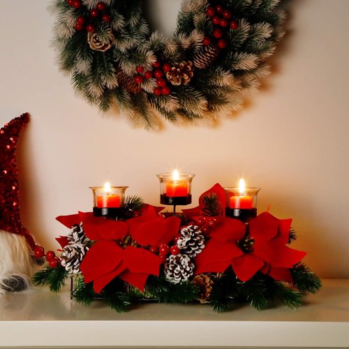 FORUP Christmas Centerpiece - Elegant Poinsettia Tabletop Decor with 3 Candle Holders for Holiday Celebrations