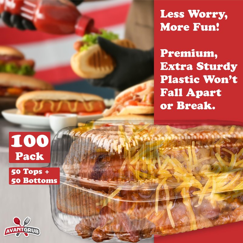 Sturdy, Locking Plastic Hot Dog Trays. 50 Pack. Premium, Disposable Food Presentation Boats for Takeout and to-Go Meals. Made from PET. Ridged Edge Designs Give an Upscale Look