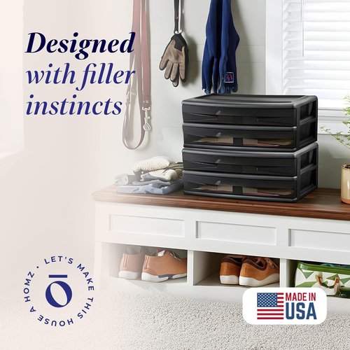 HOMZ 2-Pack Storage Cart - 2-Drawer Plastic Organizers with Smoke Tint, 15" Wide, Black Frame | Ideal for Home & Office