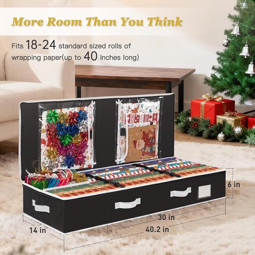 Criusia Gift Wrapping Paper Organizer - Durable Underbed Storage for 24 Rolls | Removable Dividers & Pockets, Black