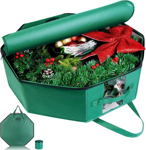 BrilliantJo Wreath Storage Bag - Hard Shell 24-Inch Christmas Decoration Case | 600D Oxford Fabric, Green