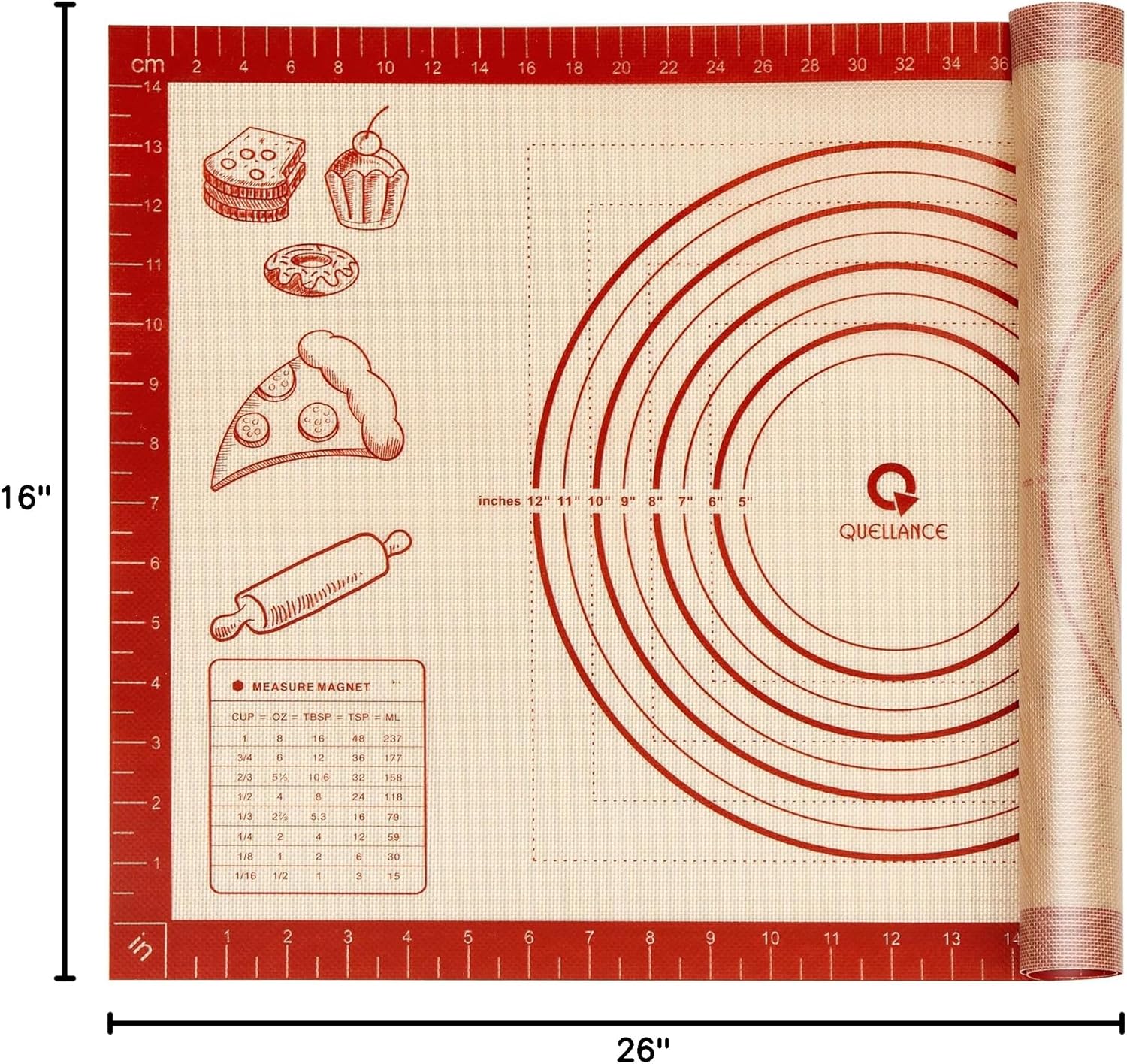 Silicone Baking Pastry Dough Mat - 26x16 Inch Nonstick Rolling Mat for Cookies & Bread | Thick, Reusable Kneading Board with Measurements
