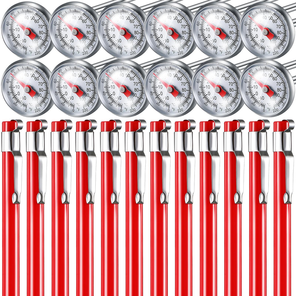Xuhal 12 Pcs Stainless Steel Kitchen Thermometer with 5 Inch Long Stem 1 Inch Dial Thermometer Milk Frothing Food for Oven Probe Meat Grill BBQ Cooking Chocolate Water (Red)
