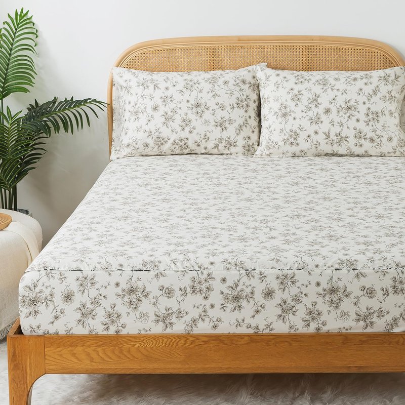 Zusbest California King Tan Floral Sheets 100% Cotton Beige Patterned Bed Sheet Set Vintage Peony Flower Toile Printed Bedding Soft Breathable Crisp Percale Sheets Deep Pocket 17.5'', 4 Pcs