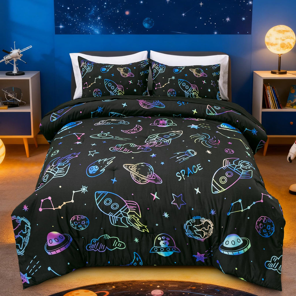 Aimuan Space Comforter Twin Set Kids Rocket Bedding Set Super Soft & Cute Aliens UFO Printed for Boys Girls Teen (Black, Full 5Pcs)