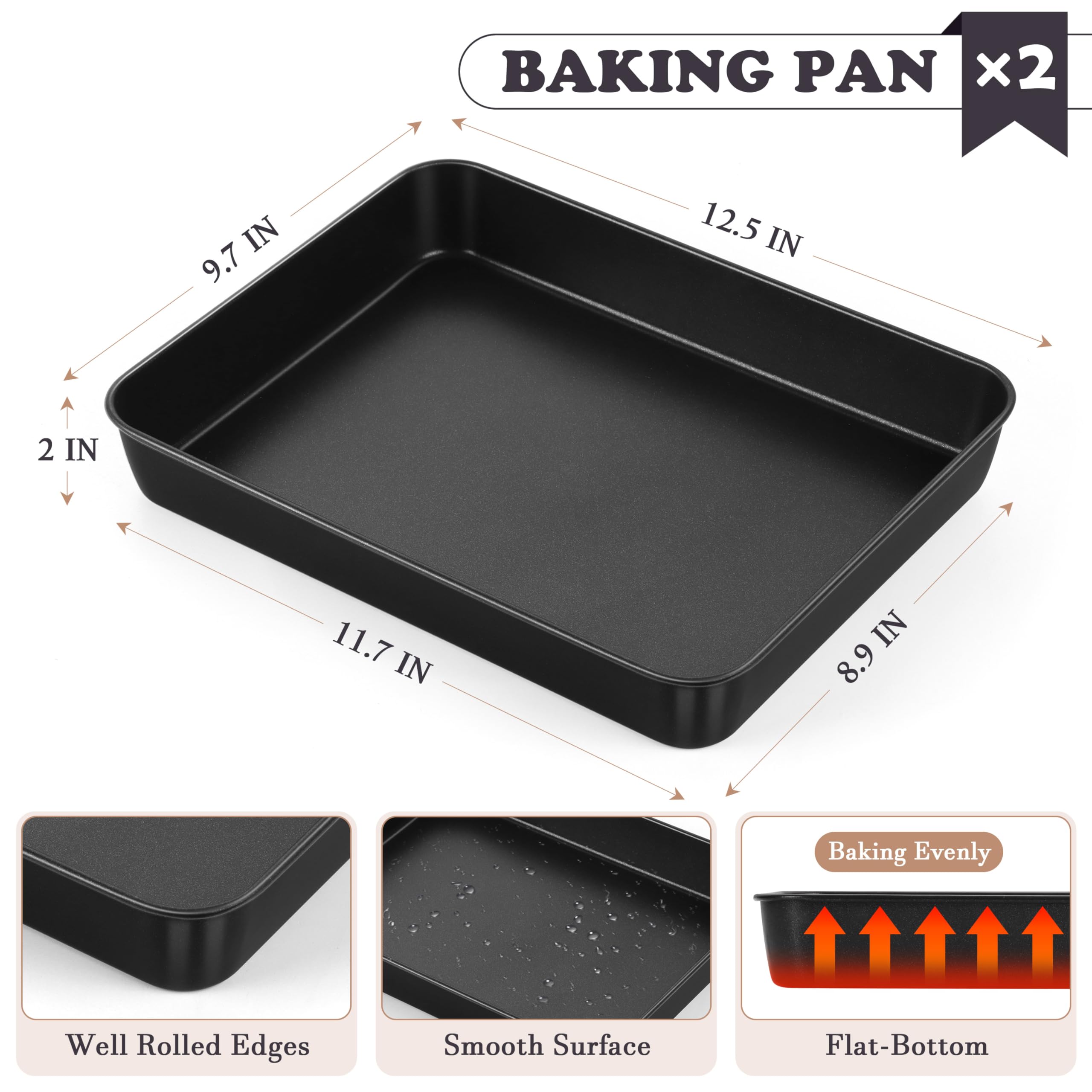 E-far 12.5 x 9.7 Inch Baking Pan Set of 2, Nonstick Stainless Steel Rectangle Cake Pans for Baking Brownies Casseroles Lasagna, Stainless Steel Core & Nonstick Coating, Non-toxic & Oven Safe