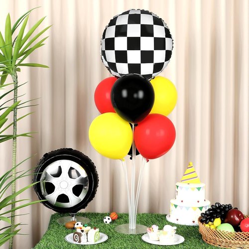 **Race Car Party Balloons Kit by [Brand Name] - 2 Sets with Checkered Foil Balloons | Red, Black & Yellow Racing Theme Decor for Boys' Birthday Parties**