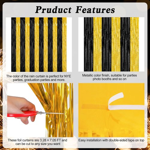 2 Pack Black and Gold Foil Fringe Curtains by [Brand Name] - Graduation Backdrop 3.28 FT x 7.05 FT | Class of 2026 Party Decorations