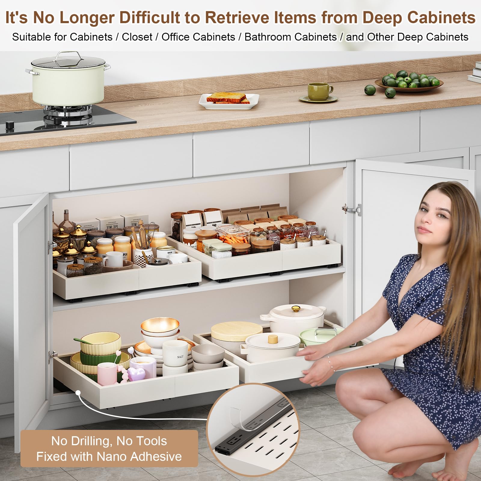 Pull out Cabinet Organizer,Expandable Width(11"-16"),Depth(17"-24") with 3 Rails,Roll out Drawers,No Drill Adjustable Slide out Shelves for Kitchen,Pantry,for Both Lip and Lip-Free Cabinets,White(1PC)