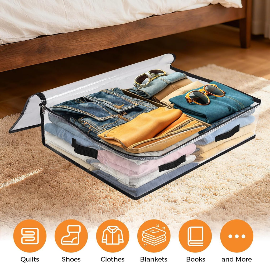 Skiennix 6 Pack Under Bed Storage Bags - 60L Foldable Clear Containers with Dual Zippers & Handles