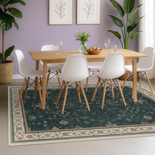 Hazo Haus Dark Green Oushak 5x8 Area Rug - Modern Vintage Boho Floral Design, Washable Non-Slip for Living Room & Nursery