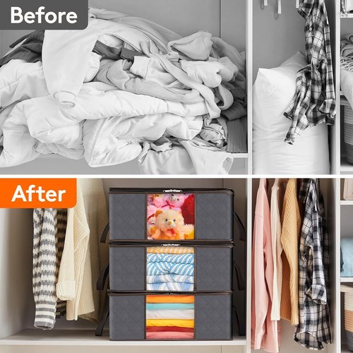 Lifewit 4-Pack Foldable Clothes Storage Bags - Reinforced Handles & Clear Window for Easy Organization | Gray