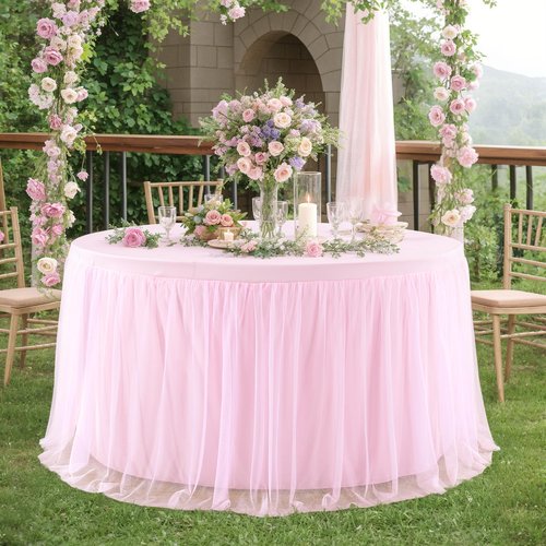 Pink Tulle Round Valentine Table Cloth for 72 Inch Round Tables, Pink Banquet Tablecloth Table Cover, Floor Length Tablecloths, Circle Tutu Tulle Table Cloths Table Skirt for Wedding Party