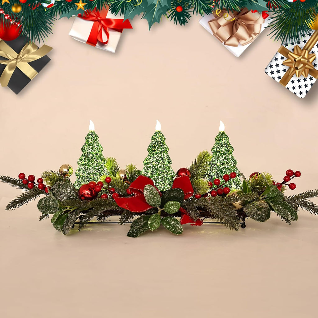Skiennix Christmas Table Centerpiece - LED Lights, Green Tree Decoration with Red Berries & Balls