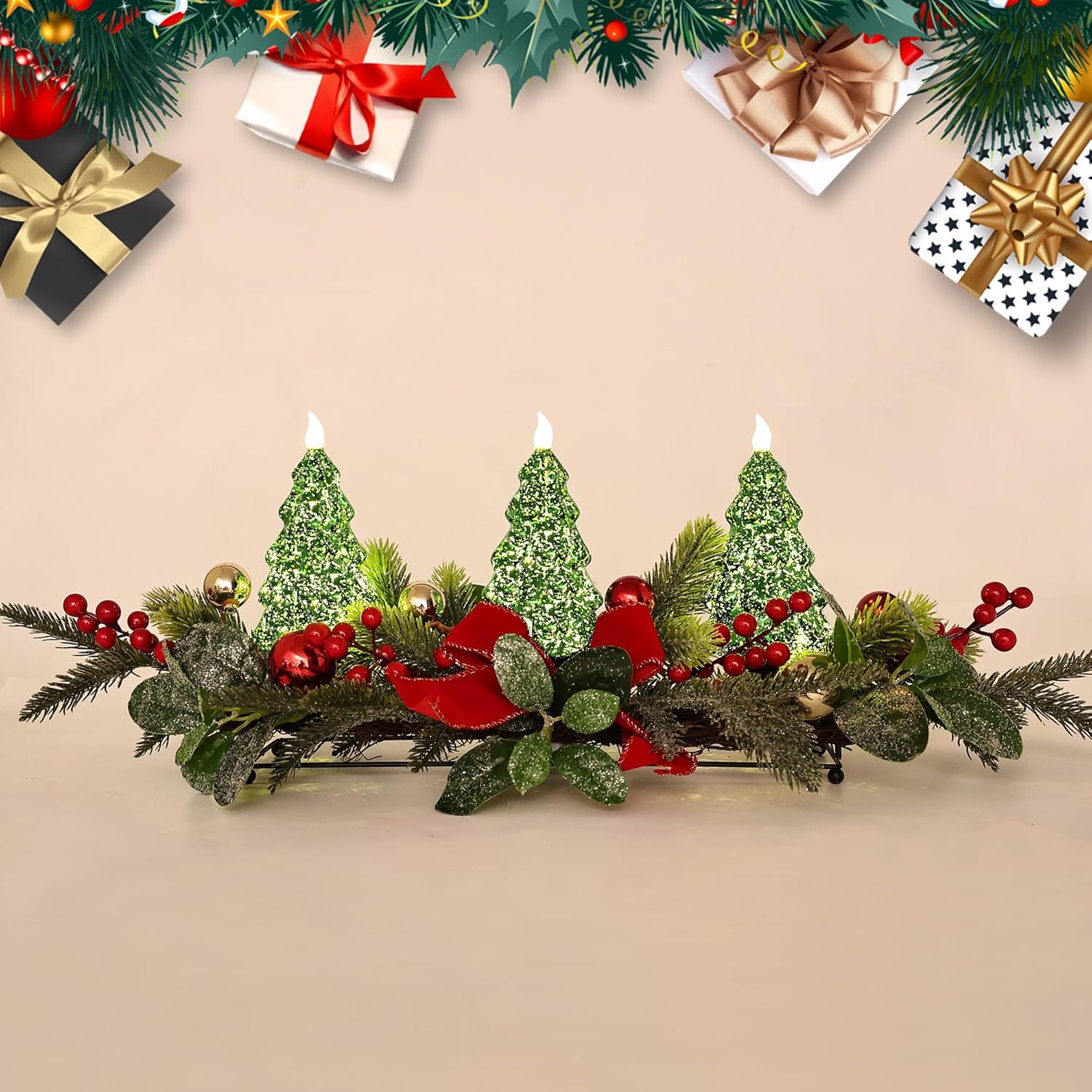 Skiennix Christmas Table Centerpiece - LED Lights, Green Tree Decoration with Red Berries & Balls