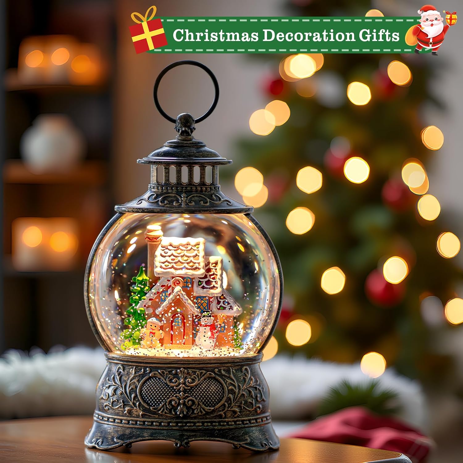 Regine Switzerland Christmas Snow Globe - Gingerbread Man & Snowman Water Lantern with Music & Timer | USB/Battery Operated for Festive Decor