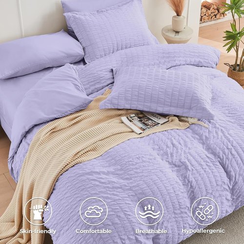 HYMOKEGE King Size Comforter Set - Luxurious Light Purple Seersucker 7-Piece Bedding Set