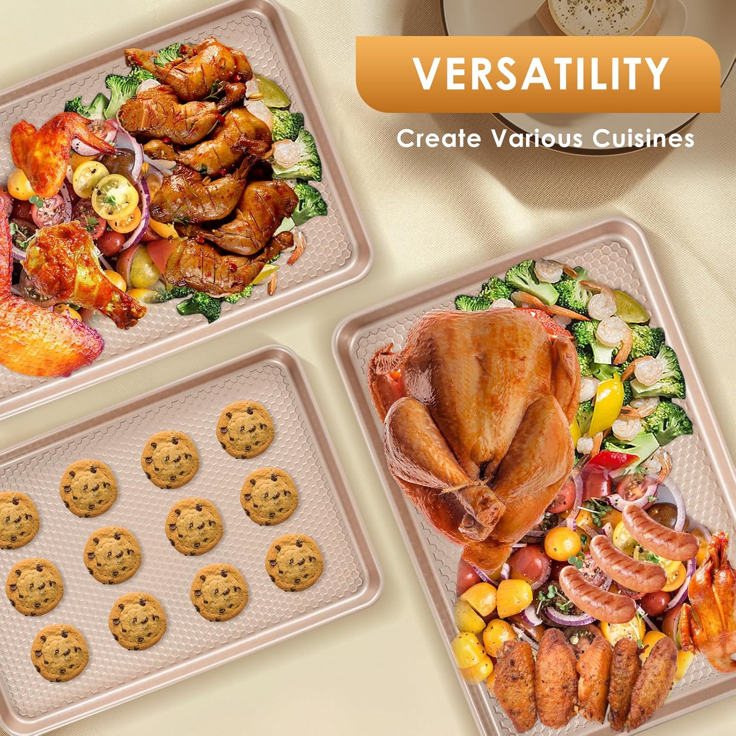 Skiennix Baking Sheet Pan Set - Nonstick Carbon Steel Cookie Sheets | Heavy Duty Rose Gold, Easy Clean