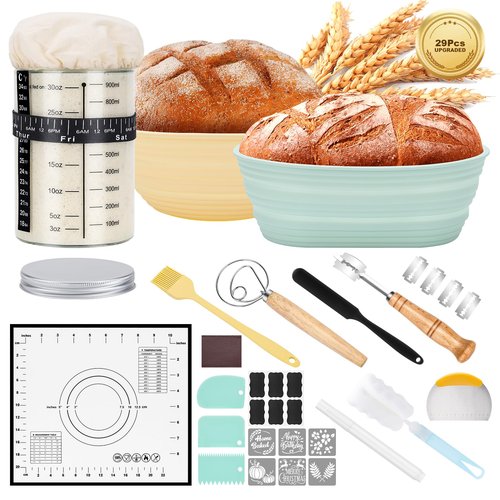 HK Sourdough Starter Kit with 9" Round & 10" Oval Banneton Proofing Basket and 34oz Starter Jar - Beginner-Friendly Sourdough Bread Baking Supplies and Baking Gifts for Women, Men, and Bread Bakers