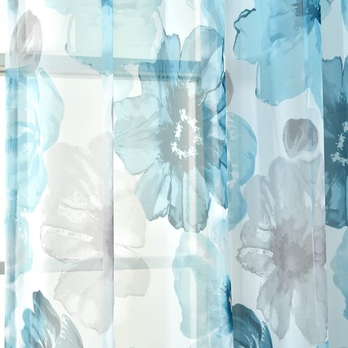 Lush Decor Leah Floral Sheer Window Curtain Panels Pair 52"W x 84"L Blue - Floral Curtains for Bedroom - Sheer Curtains for Living Room