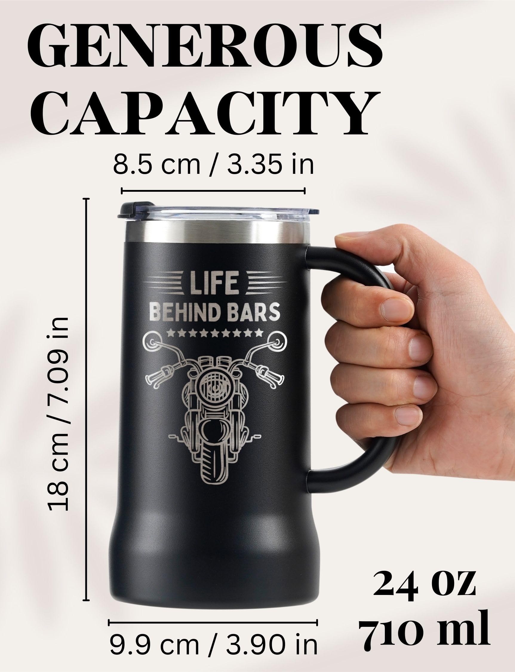 Onebttl Motorcycle Gifts for Men, Life Behind Bars, Stainless Steel Beer Stein Tumbler, 24oz Beer Mug with Lid