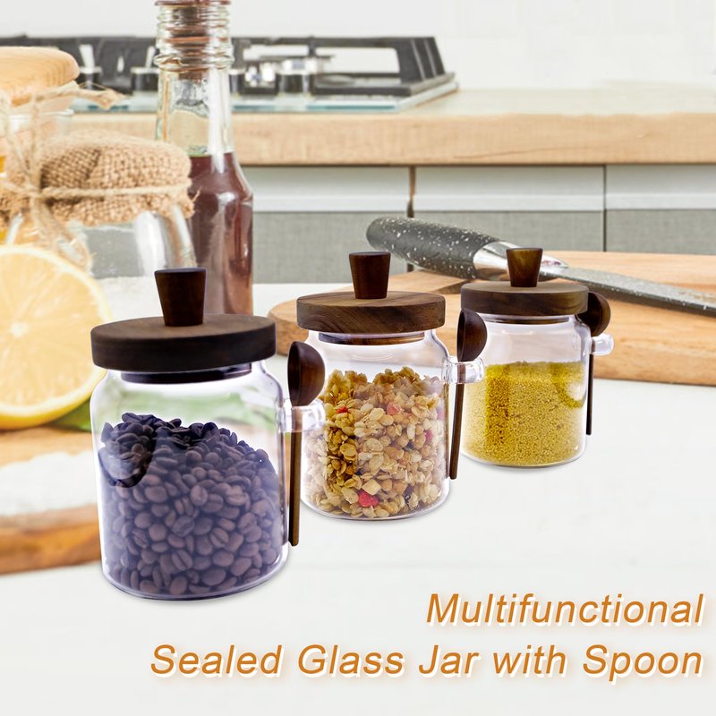 Taefaba 3PCS Spice Jars Overnight Oats Containers with Airtight Lid and Wooden Spoon,17 OZ Glass Food Storage Canisters, Glass Jars for Coffee Bean, Sugar, Dry Goods,Cookie,Candy,Cereal,Tea,Salt
