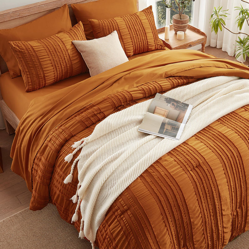 Burnt Orange Tufted Textured Comforter Set Queen Size, 7 Piece Bed in a Bag，Shabby Chic Boho Bedding for Bedroom Comforter，All Season Soft Microfiber Ruffle Comforter Set with Pillow and Sheets