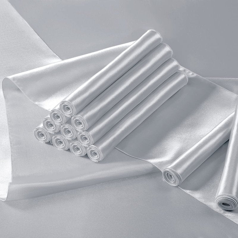 Manyshofu 12Pcs Satin Silver Table Runner - 12 x 108 Inch Long Size, Party Table Runner Decor Bright & Smooth Wedding Decorations Runners for Banquet Chef Birthday Buffet Dinner Graduations