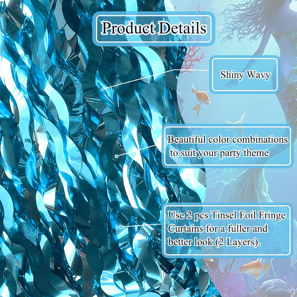 Skiennix Wavy Tinsel Foil Fringe Curtains - Teal Blue Streamers Backdrop for Ocean-Themed Parties | 2 Pack, 3.2 ft x 6.6 ft
