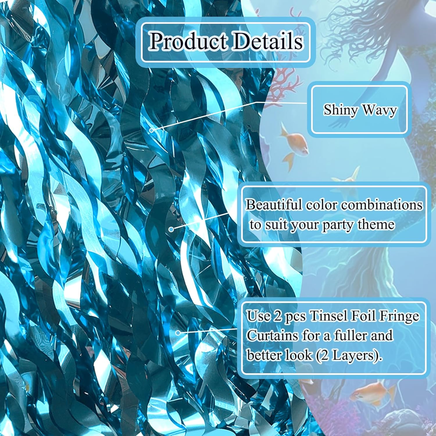 Skiennix Wavy Tinsel Foil Fringe Curtains - Teal Blue Streamers Backdrop for Ocean-Themed Parties | 2 Pack, 3.2 ft x 6.6 ft
