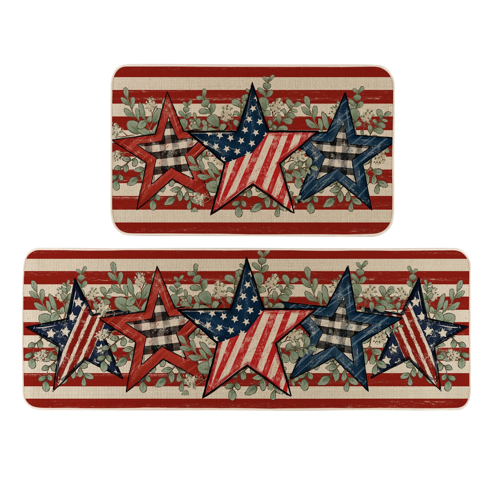 Moutina American Flag Stars Eucalyptus 4th of July Kitchen Rugs Set of 2, Memorial Day Independence Day Patriotic Home Decor Low-Profile Kitchen Mats for Floor - 17x29 and 17x47 Inch