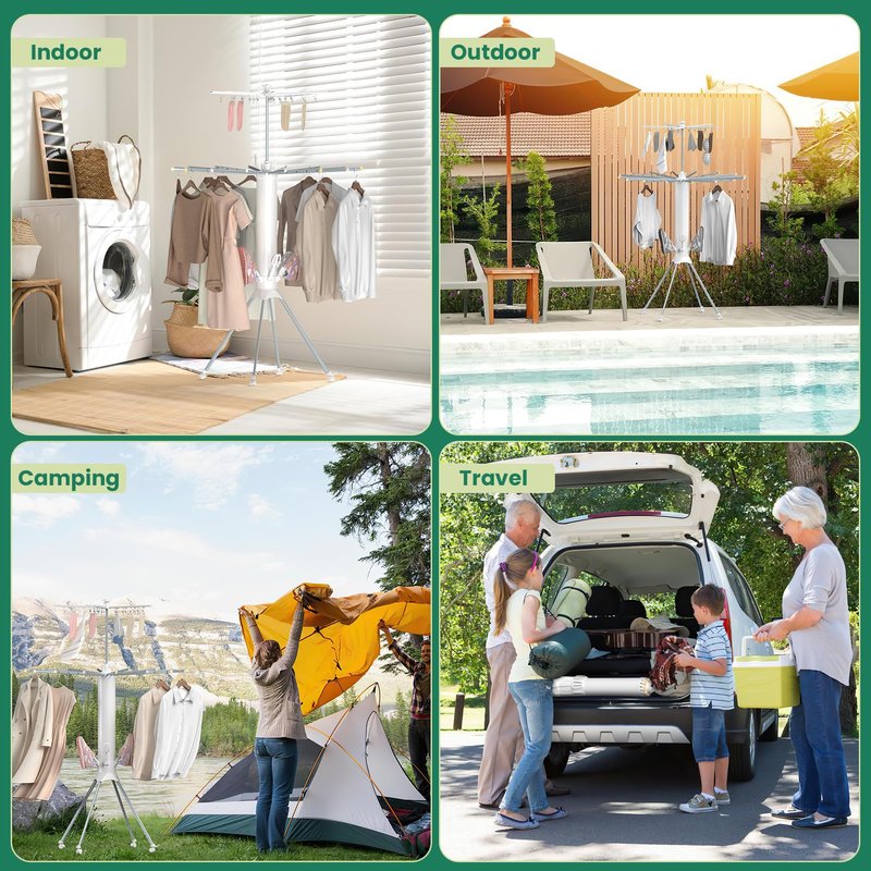 GBEER Clothes Drying Rack Foldable, 4-Legged Laundry Drying Rack Collapsible, Clothing Drying Rack with 4 Pulleys, 3-Tier Collapsible Drying Racks for Laundry and Shoes